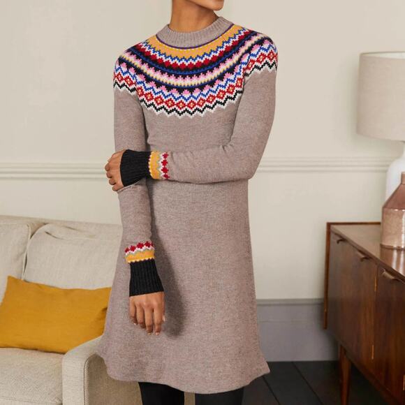 BODEN Millie Fair Isle Knitted Sweater Dress Mink Melange Tan Taupe {KK17} - Picture 2 of 8